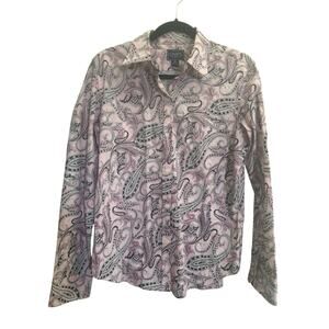 Chaps Womens Medium Pink Black Paisley Button Long Sleeve Shirt Top #6434